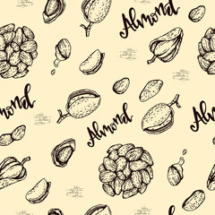 Seamless Pattern with Almond kernels of nuts.