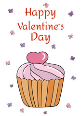 Happy valentines day greeting card, banner in doodle style. With a cupcake and a heart inside, with small flowers in the background. Linear illustration on a white background.