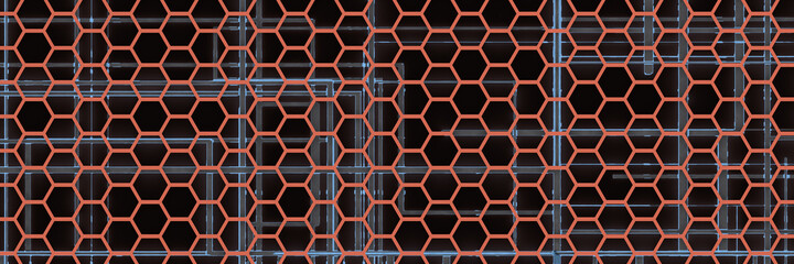 Background of hexagons. Geometric structure of honeycombs. 3D visualization