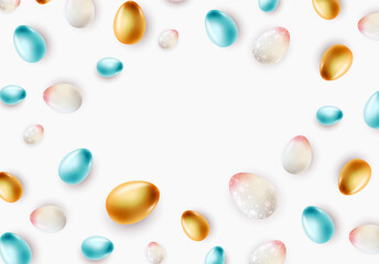 Easter poster template with 3d realistic  Easter eggs.  Template for advertising, poster, flyer, greeting card.  Vector Illustration EPS10