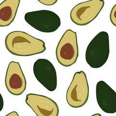 Avocado vector cartoon seamless pattern on a white background.