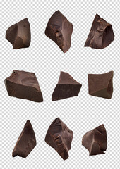 Cracked chocolates / broken chocolate chips or chocolate parts from top view on patern background	