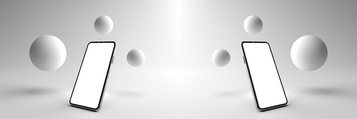3D rendering. Minimal abstract scene with Smartphone white screen and Surrounded by round objects. Smartphone can be used for advertising, Isolated on white background. Display product, illustration.
