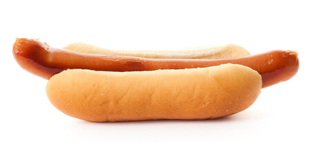 One single hot dog in a white bun. Studio photo isolated on white background.