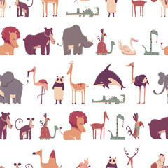 Zoo animals vector cartoon seamless pattern on a white background.