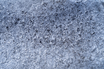 The icy texture on the frozen river. Crystal abstraction for the background. Macro ice surface shoot. 