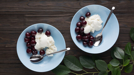 Cherry with cottage cheese for breakfast, top view