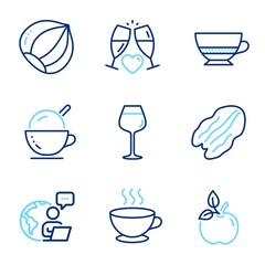 Food and drink icons set. Included icon as Coffee cup, Eco food, Ice cream signs. Pecan nut, Hazelnut, Wedding glasses symbols. Bordeaux glass, Bombon coffee line icons. Line icons set. Vector