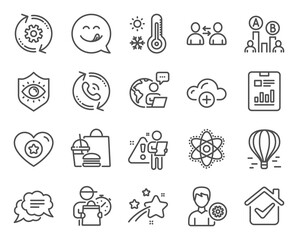 Business icons set. Included icon as Air balloon, Report document, Heart signs. Text message, Support, Communication symbols. Yummy smile, Cogwheel, Cloud computing. Weather thermometer. Vector