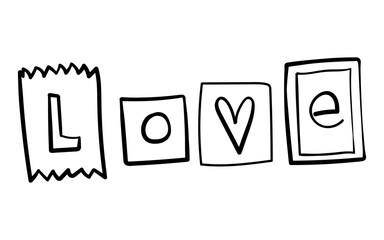 Valentines Day theme doodle Vector icon of hand drawn text Love with heart shape with isolated on a white background.