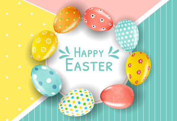 Easter poster template with 3d realistic  Easter eggs.  Template for advertising, poster, flyer, greeting card.  Vector Illustration EPS10