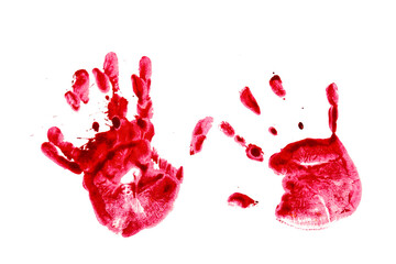 Red watercolor print of human hands on a white background.