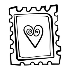 Valentines Day theme doodle Vector icon of hand drawn mail postage stamp with heart shape isolated on a white. line illustration