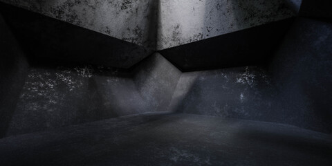 dark grunge industrial basement with soft beams of light 3d render illustration