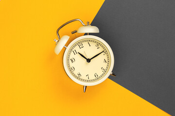 Alarm clock photo, flat lay with trendy 2021 colors