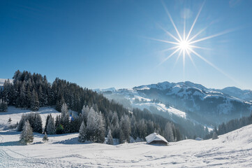 dreamy snowcovered winter landscape at Jaun Pass in Bernese Alps