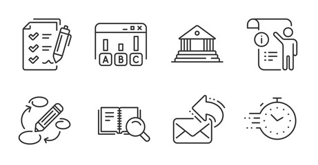 Survey results, Keywords and Manual doc line icons set. Share mail, Court building and Search book signs. Timer, Survey checklist symbols. Best answer, Marketing strategy, Project info. Vector