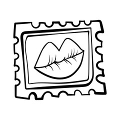 Valentines Day theme doodle Vector icon of hand drawn mail postage stamp with lips shape isolated on a white. line illustration