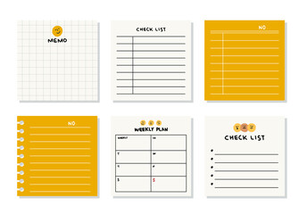 Hand drawn vector set of paper sheet, pack of paper, yellow, sticky note, notepad page.

