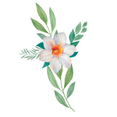 Fototapeta na wymiar Delicate composition of flower and leaves. Hand drawn watercolor illustration. Suitable for print, poster, greeting card, invitation, postcard, textile design, fabric, wedding decor, wrapping paper.