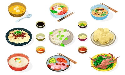 Big vector set of korean dishes in bowls, plates Jajangmyeon, Bibimbap, Hobakjuk, Kongguksu, spring rolls, dumplings, Bossam, Bulgogi, Sannakji, soy, honey mustard kimchi sauces chopsticks spoon