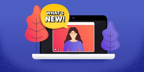 Whats new symbol. Video call conference. Remote work banner. Special offer sign. New arrivals symbol. Online conference laptop. Whats new banner. Vector