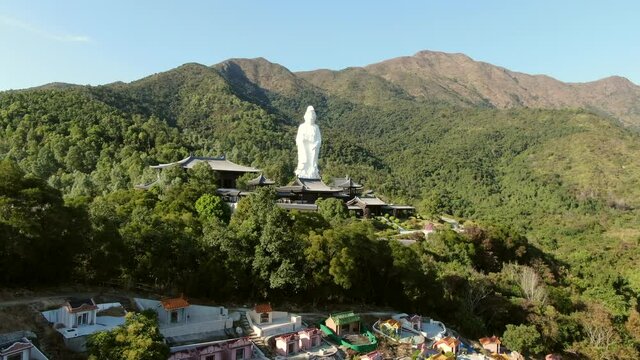 Aerial view of Hong Kong Tsz Shan monastery and the famous Avalokitesvara Guan Yin Statue, Goddess of mercy.