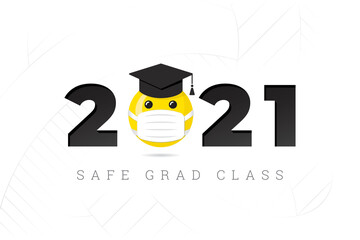 Class of 2021 Numerals Logo and Safe Graduation Lettering with Smiling Face Protected with Medical Mask - Yellow and Black on White Background - Mixed Graphic Design