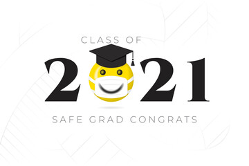 Class of 2021 Numerals Logo with Halftone Smiling Face Protected with Medical Mask and Safe Graduation Congratulations Lettering - Yellow and Black on White Background - Mixed Graphic Design