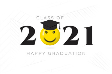 Class of 2021 Numerals Logo with Halftone Style Smiling Face Wearing Square Academic Cap and Happy Graduation Lettering - Yellow and Black on White Background - Mixed Graphic Design