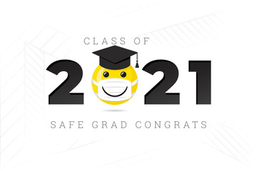 Class of 2021 Numerals Logo with Smiling Face Protected with Medical Mask and Safe Graduation Congratulations Lettering - Yellow and Black on White Background - Mixed Graphic Design