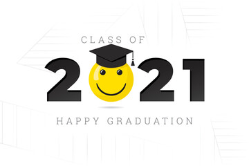 Class of 2021 Numerals Logo with Smiling Face Wearing Square Academic Cap and Happy Graduation Lettering - Yellow and Black on White Background - Mixed Graphic Design