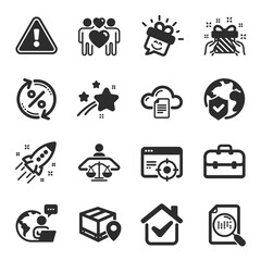 Set of Business icons, such as Smile, Seo targeting, Parcel tracking symbols. File storage, Court judge, World insurance signs. Gift, Love couple, Portfolio. Loan percent, Search file. Vector