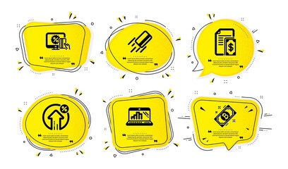 Credit card, Graph laptop and Loan percent icons simple set. Yellow speech bubbles with dotwork effect. Payment, Online shopping and Bitcoin signs. Bank payment, Mobile report, Growth rate. Vector