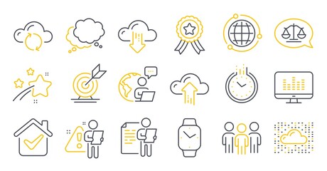 Set of Education icons, such as Cloud system, Group, Cloud upload symbols. Job interview, Globe, Speech bubble signs. Time, Target goal, Smartwatch. Music making, Winner ribbon line icons. Vector
