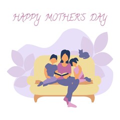 Mom reads book for son and daughter Mother's day card Flat vector illustration