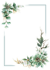 Floral square frame of dry moss-covered branche, snowberries, herbs and white dogwood plant with green leaves hand drawn in watercolor isolated on a white background. Watercolor floral illustration. 