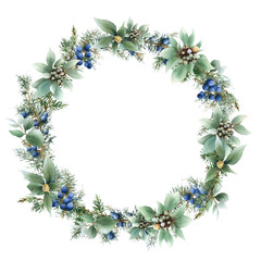 Floral wreath with juniper, blue berries and green leaves hand drawn in watercolor isolated on a white background. Watercolor illustration. Floral watercolor wreath.