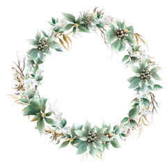 Floral wreath with snowberries, green leaves, berries, yellow dry  branches and herbs hand drawn in watercolor isolated on a white background. Watercolor illustration. Floral watercolor wreath