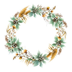 Floral wreath with yellow panicles, green leaves, berries, yellow dry flowers, branches and herbs hand drawn in watercolor isolated on a white background. Watercolor illustration.