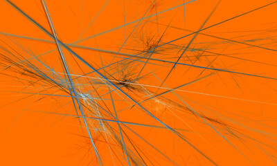 Abstract blue and yellow bunch of lines in expressive composition over orange background. Great as wall art, billboard, web banner or other kind of design. Pencil organic, prickly stroke imitation. 