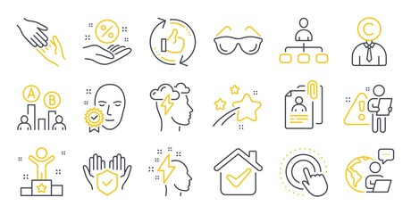 Set of People icons, such as Helping hand, Interview documents, Refresh like symbols. Loan percent, Winner, Click hand signs. Eyeglasses, Copyrighter, Brainstorming. Management, Ab testing. Vector