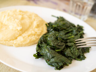Plate of boiled spinach with mashed potatoes
