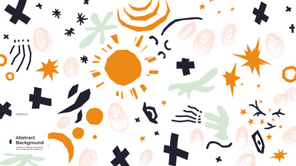 Abstract background illustration. Colorful geometric and hand drawn shapes, textures. Decorative wallpaper, backdrop. Eps10 vector.