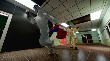 Obraz premium Image of a zombie attack on a doctor 3D illustration