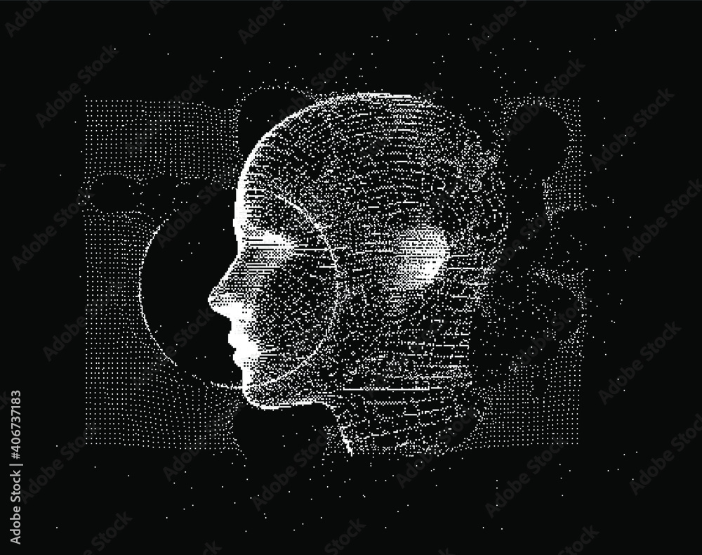 Poster Abstract technology background with 3d face made of particles. Conceptual illustration of Artificial intelligence.