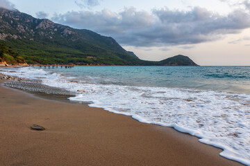 Fototapeta na wymiar Sea bays of the Lycian Trail. Beaches of the Aegean Sea in Turkey. Blue water of the Mediterranean.