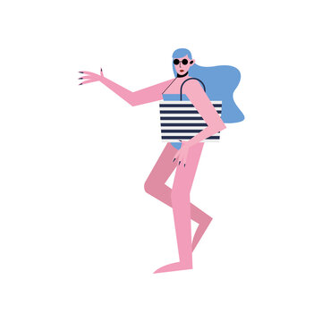 Summer woman cartoon with bikini and bag vector design