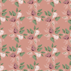 Hand drawn seamless pattern with simple doodle pear ornament and green leaves. Pink background.