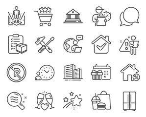 Fototapeta premium Business icons set. Included icon as Chat message, Christmas calendar, Time management signs. Hammer tool, Skin condition, Buildings symbols. Parcel checklist, Augmented reality. Vector